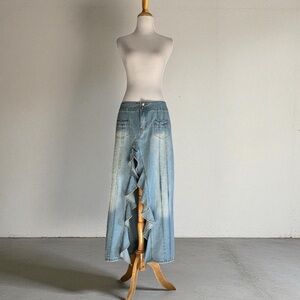 EDIKTED VALENCIA RUFFLED SLIT FRONT DENIM MAXI SKIRT BLUE SIZE MEDIUM